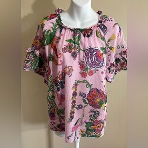 Banjanan Tropical Print Pink Multicolor Blouse Top Women's Medium